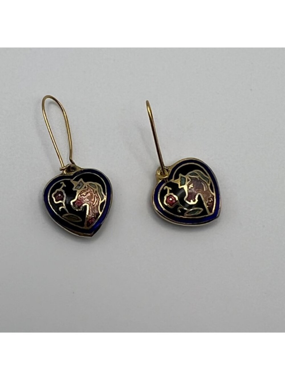Heart-Shape Cloisonné Earrings Unicorn Gold-Tone Double-Sided Cobalt Blue Black - Picture 9 of 10